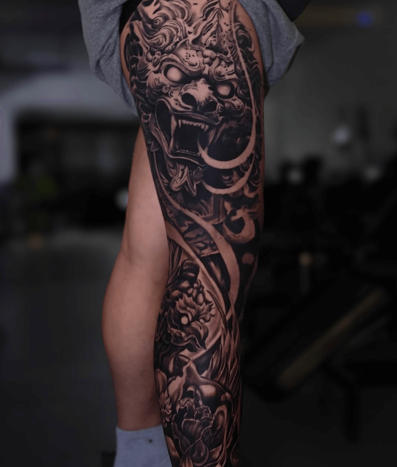 Full Leg Khmer Dragon and Peonies