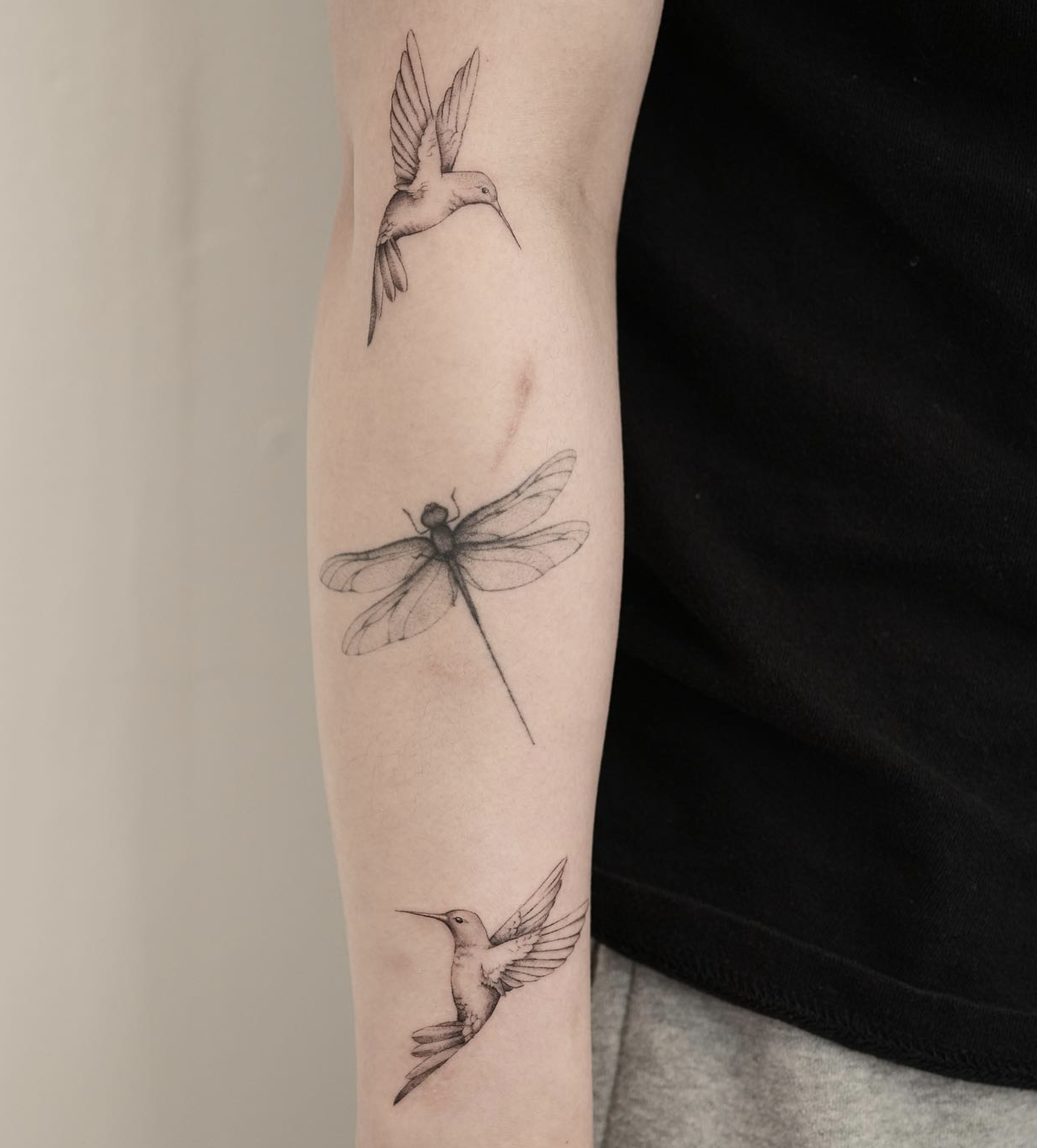 dragonfly fine line style tattoo by Niko